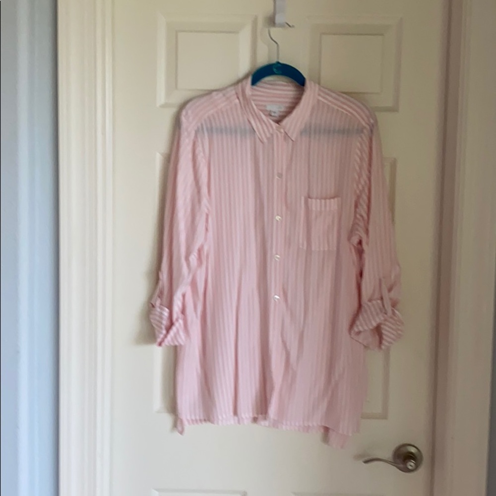 Pink and white striped button down blouse
